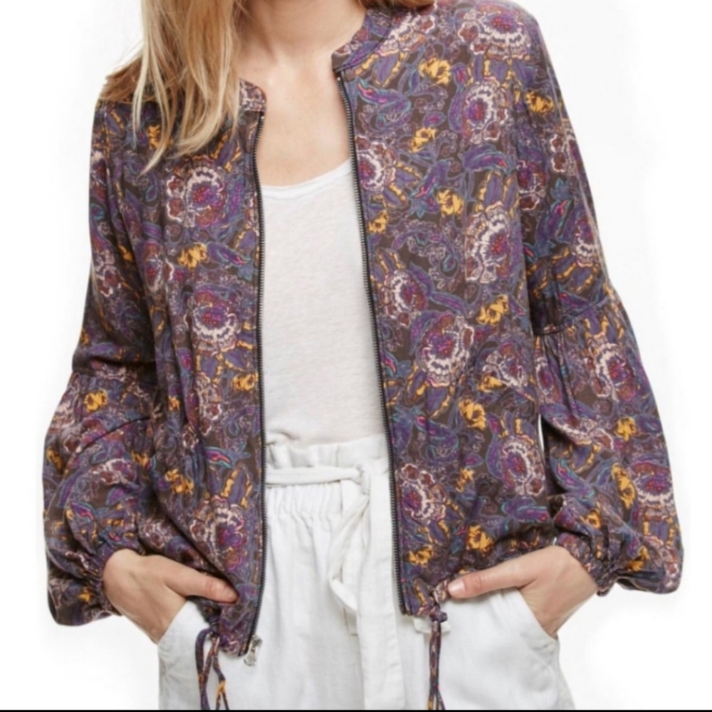 FREE PEOPLE l Foral print balloon sleeve zip front jacket l XS l EUC